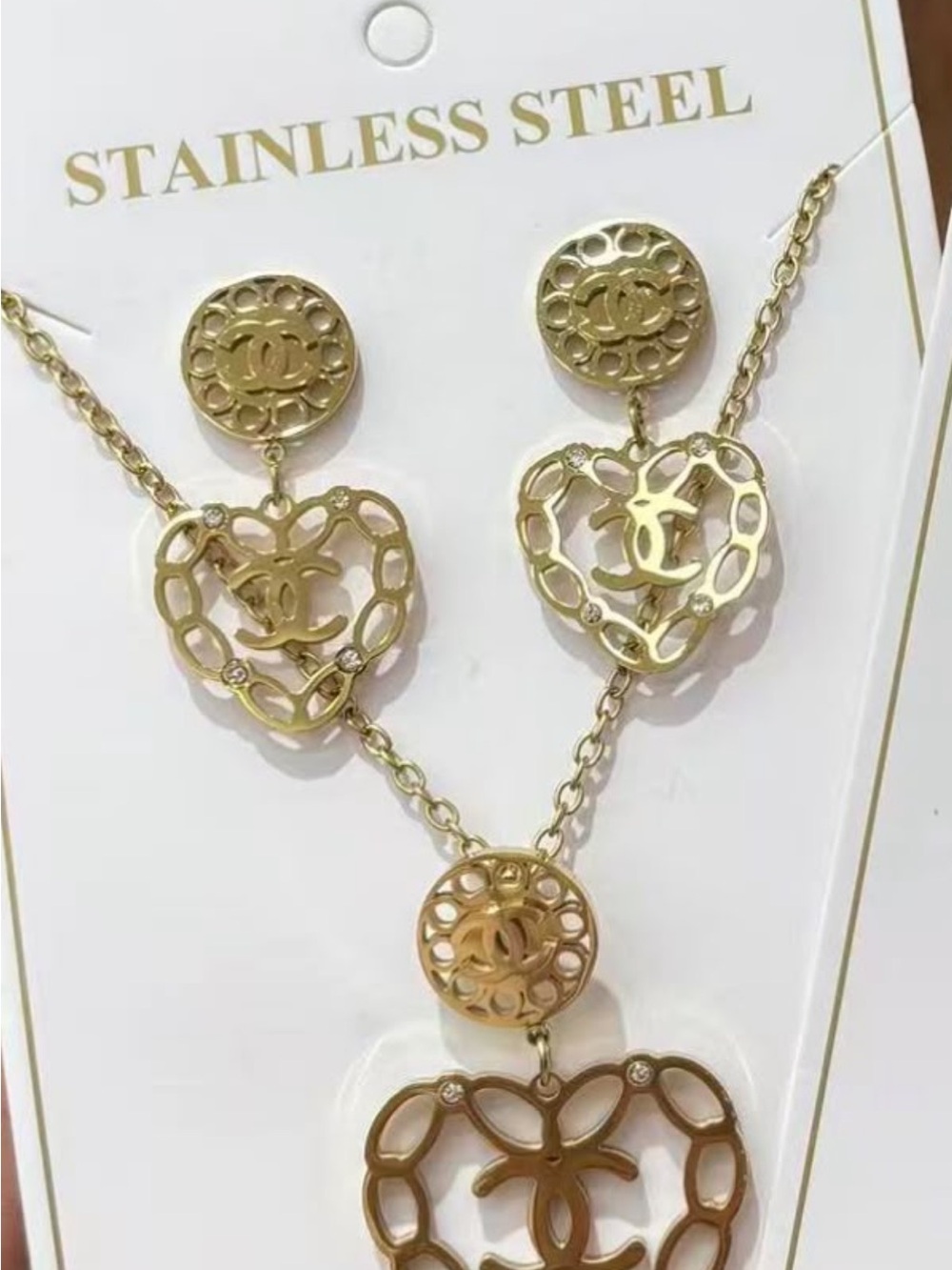Gold Heart Pendant Necklace and Earring Set - Gold